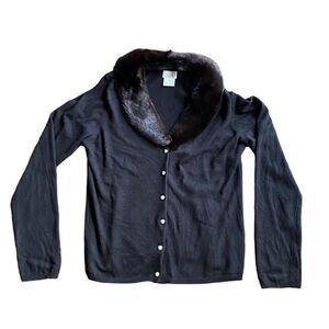 Chetta B Evening Sweater Silk Cashmere Removable Fur Collar Large Black